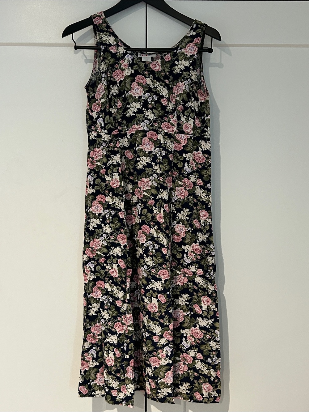 Sleeveless Black Maxi Dress with Pink Floral Print
